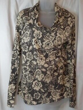 Cowl-Neck Long Sleeve Floral Top Shirt Black Cream Large Mod-O-Doc Scandi Office